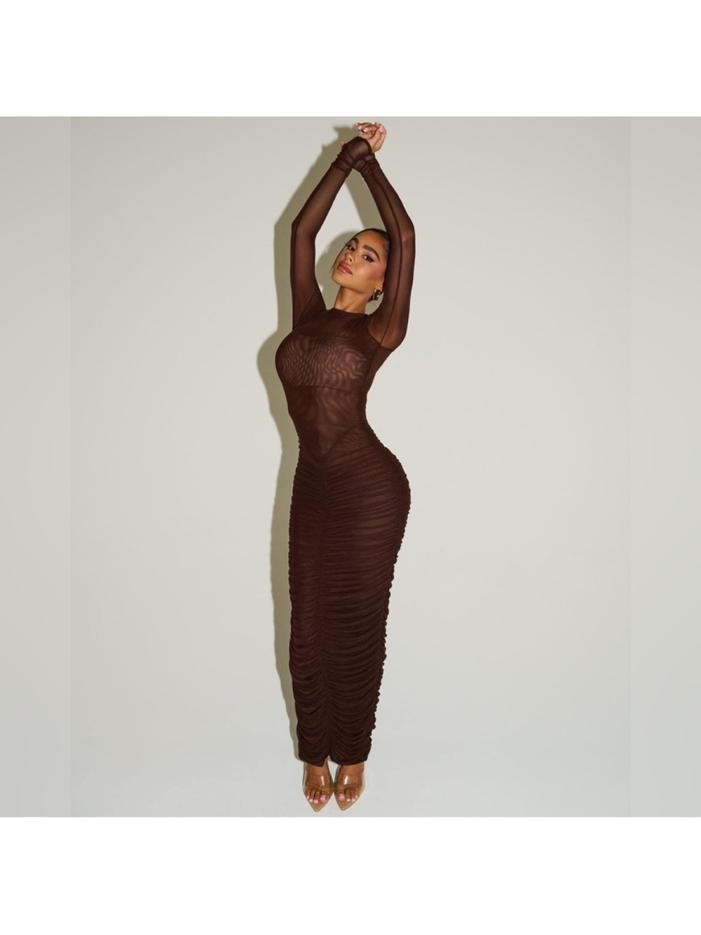 Naked wardrobe chocolate mesh Ruched Long Sleeve Maxi Dress sz medium